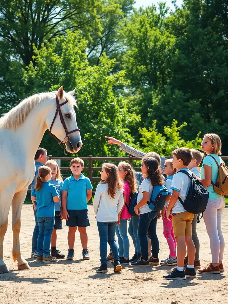 A group of children and teenagers attentively listening to an instructor beside a calm horse in a sunlit outdoor arena, with educational materials visible.