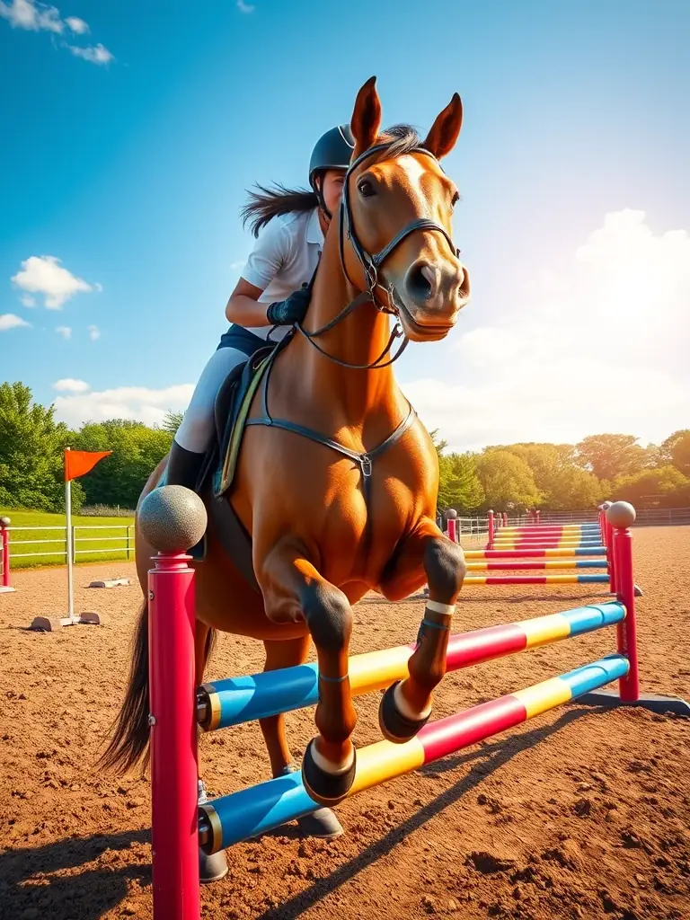 A vibrant photo of children and teenagers learning to ride horses in a sunlit outdoor arena, with an instructor guiding them, representing Maison du Cheval's hands-on equestrian education programs.