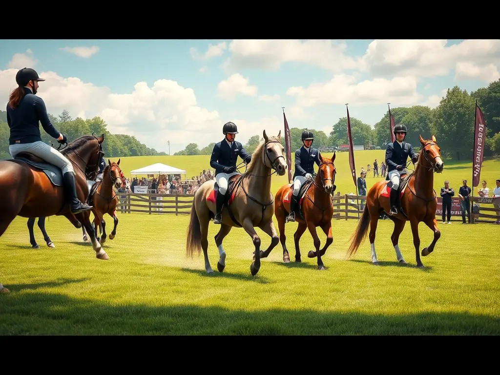 Une image dynamique montrant des cavaliers en pleine compétition, avec un public enthousiaste en arrière-plan, illustrant l’ambiance des compétitions officielles organisées par MAISON DU CHEVAL.