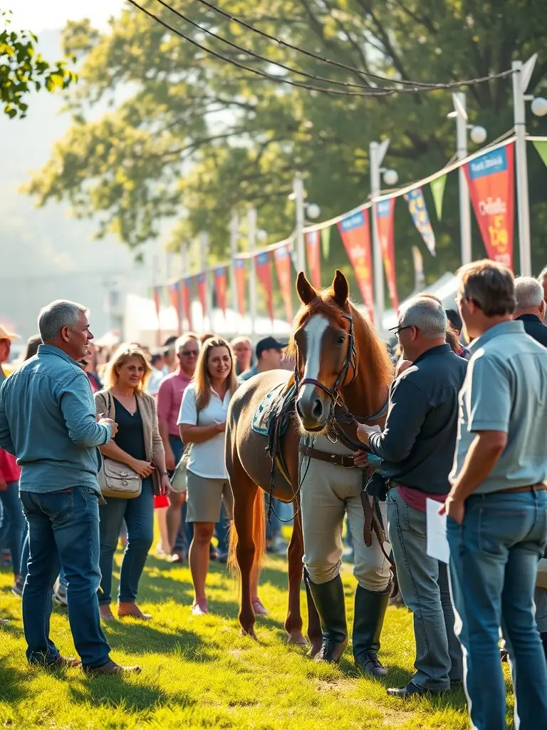 A festive scene of families and local residents enjoying a cultural event at the stables, with food stalls, music, and horse demonstrations, illustrating Maison du Cheval's community gatherings.