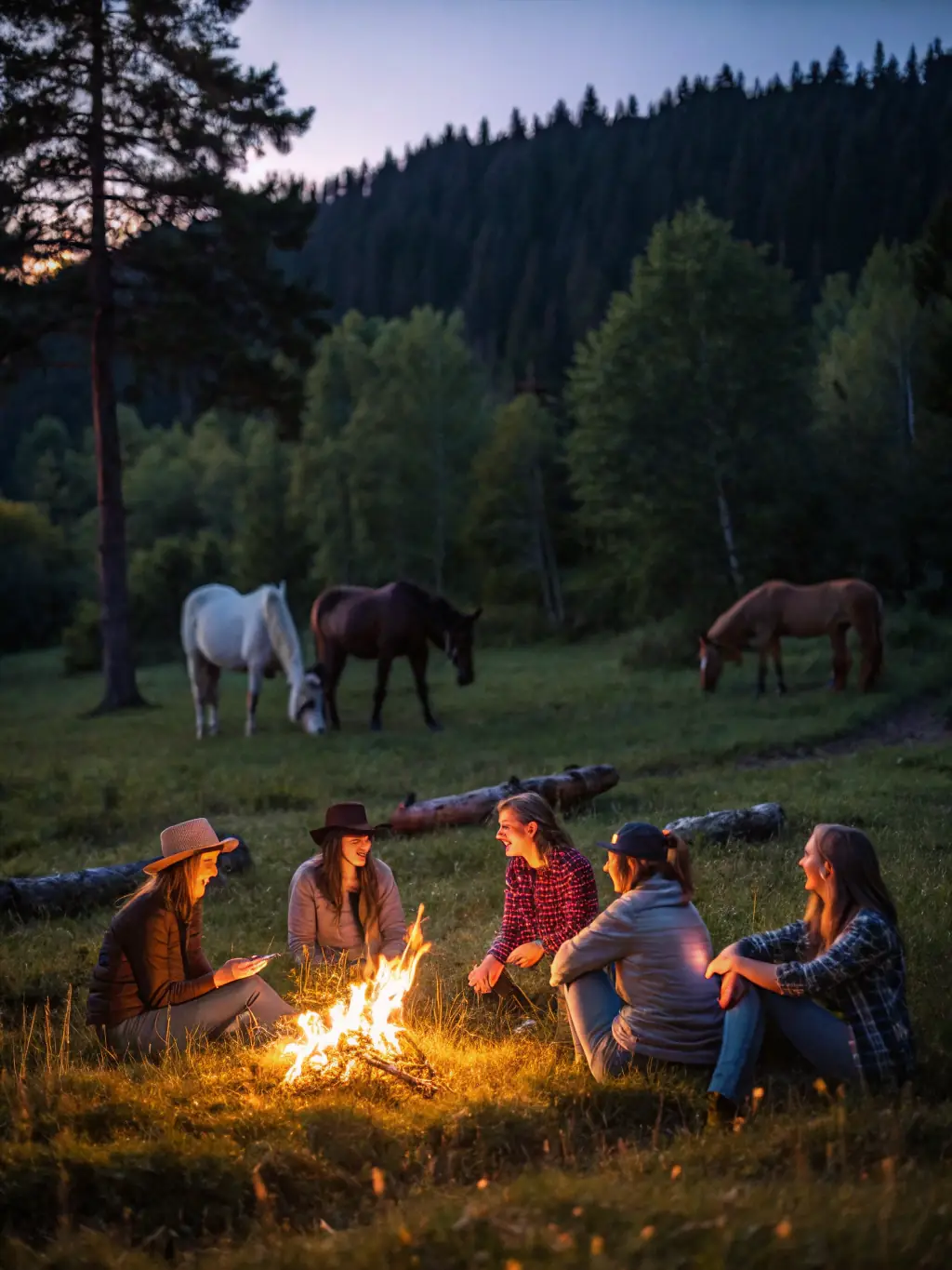 A community gathering in the evening with riders, volunteers, and local residents sharing stories around a rustic table, horses grazing nearby.