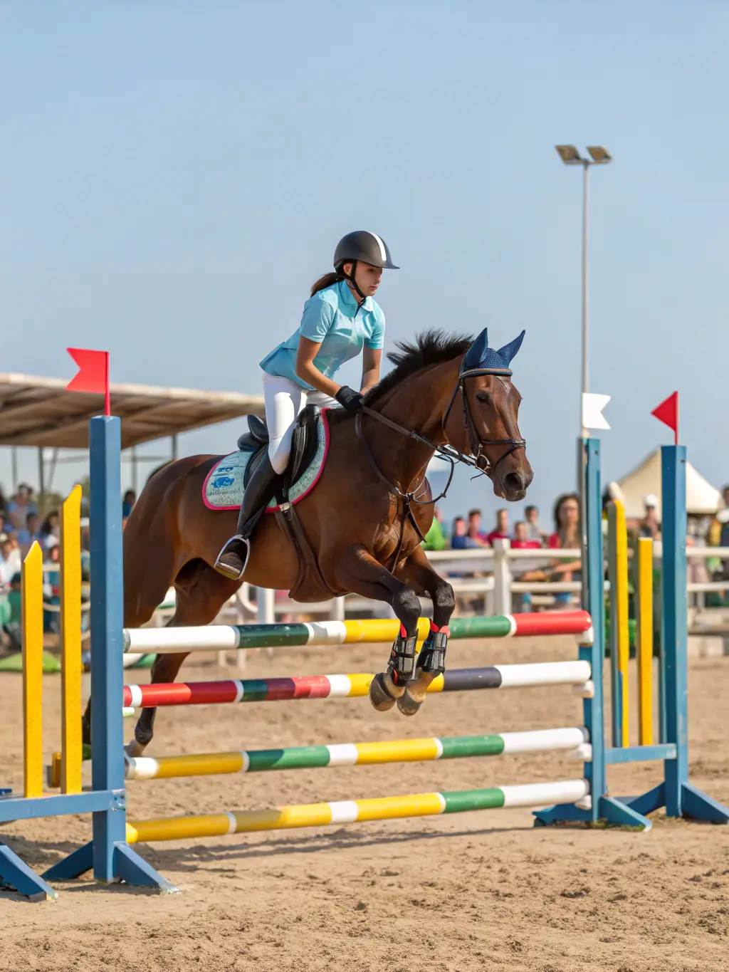 A dynamic image of riders in official equestrian competition attire, mid-jump over an obstacle, with a cheering audience in the background, capturing the excitement of Maison du Cheval's public sporting events.