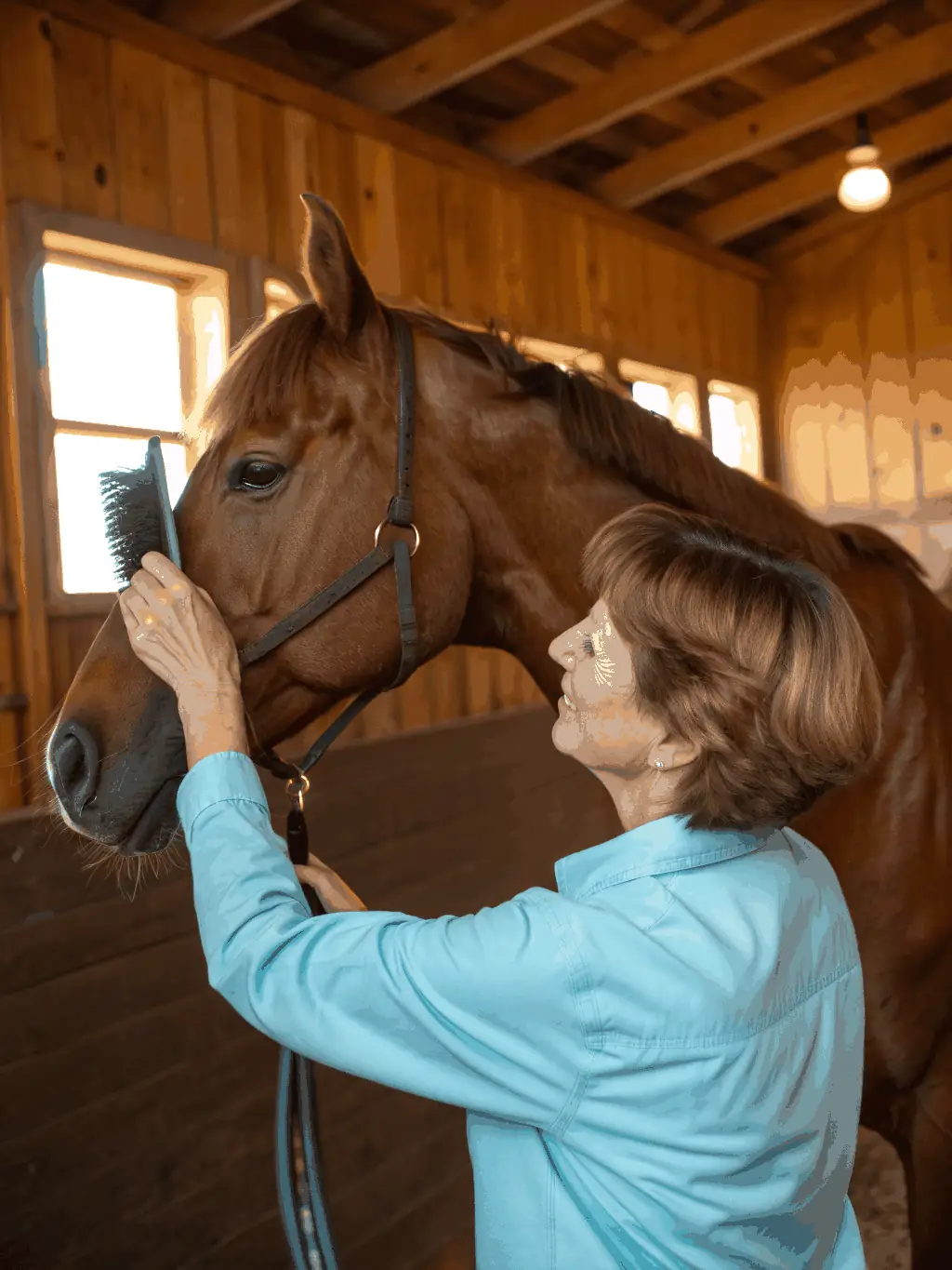 A close-up of a young volunteer helping to care for a horse, with a sense of responsibility and connection, symbolizing Maison du Cheval’s commitment to social inclusion and youth engagement.