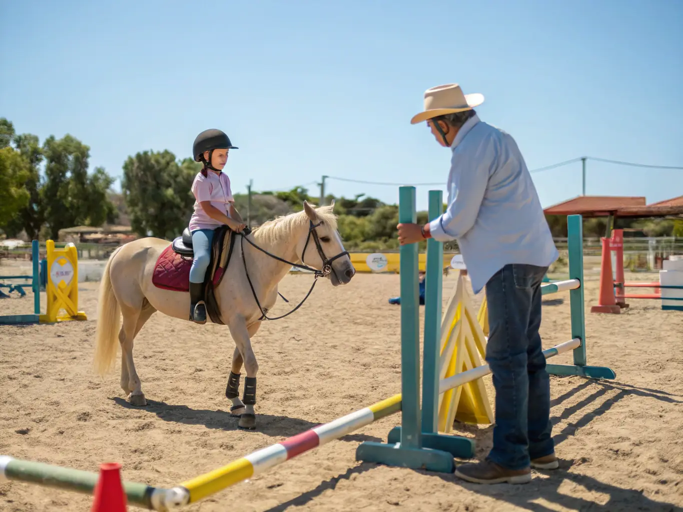 Une photo d’un instructeur enseignant à un groupe d’apprenants lors d’une session pratique avec des chevaux, illustrant l’engagement pédagogique de MAISON DU CHEVAL.