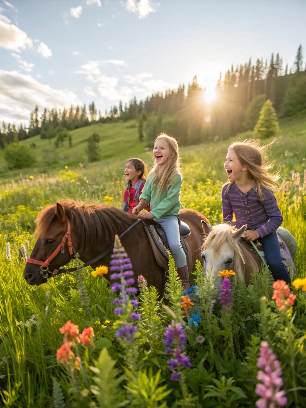 A festive outdoor event with families, children petting ponies, and local artisans’ stands, set against a backdrop of green fields and stables.